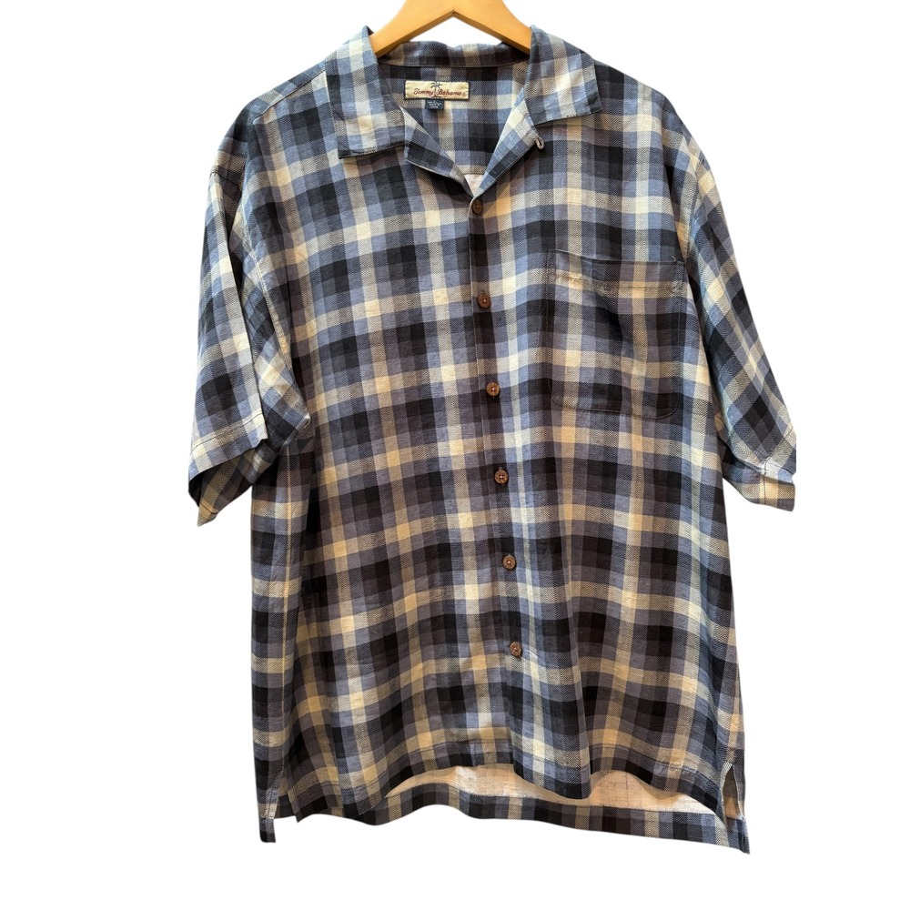 Tommy Bahama Mens Large 100% Silk Blue Black Plaid Textured Camp Shirt L